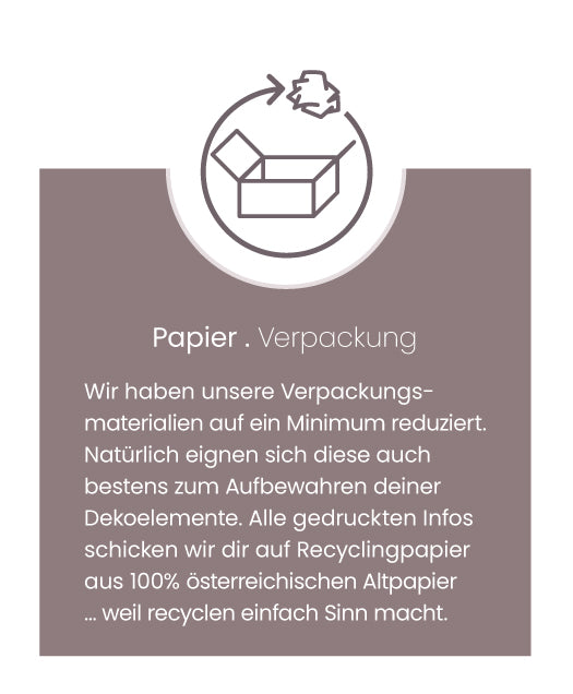 Die Design-Einrichtungsgegenstände werden so minimalistisch wie möglich verpackt. Verpackungsmaterialien sollen reduziert werden aber Mehrwert zur wiederverwendung geben. Recyclingpapier aus 100% österreichischen Altpapier.